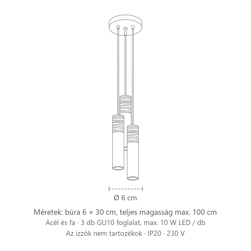 Csoportos 3 csöves acél és fa függőlámpa méretei: búra 6 × 30 cm, teljes magasság max. 100 cm