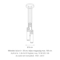 Csoportos 3 csöves acél és fa függőlámpa méretei: búra 6 × 30 cm, teljes magasság max. 100 cm