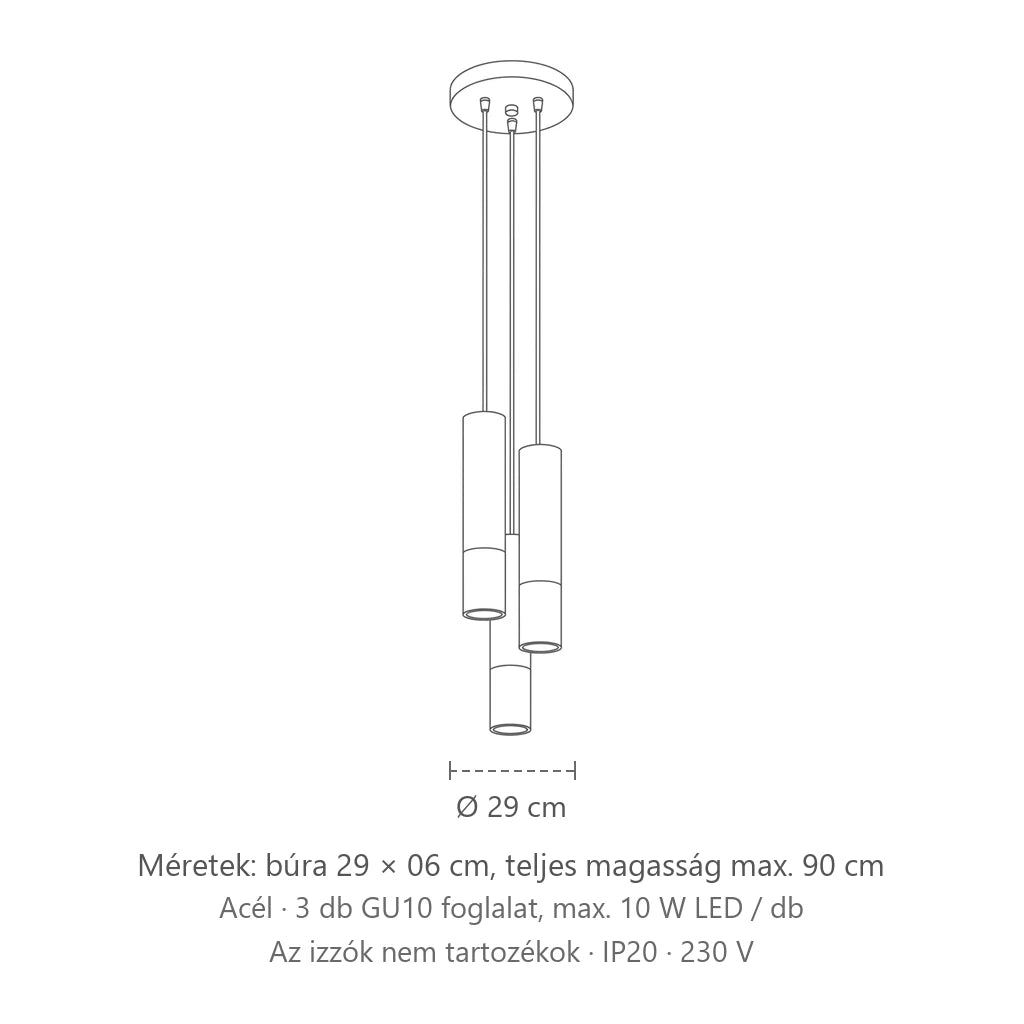 Csoportos 3 csöves fekete-fém függőlámpa méretei: búra 29 × 06 cm, teljes magasság max. 90 cm