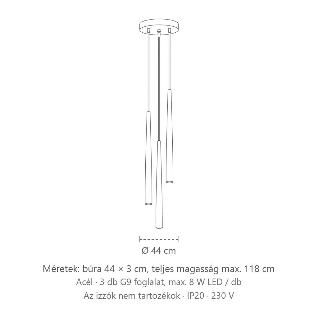 Csoportos 3 fekete orsós függőlámpa méretei: búra 44 × 3 cm, teljes magasság max. 118 cm