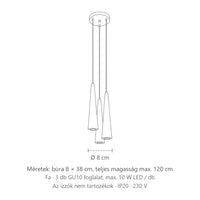 Csoportos 3 kúpos natúr fa függőlámpa méretei: búra 8 × 38 cm, teljes magasság max. 120 cm