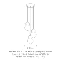 Csoportos 3 matt üveggömbös és fa függőlámpa méretei: búra FI11 cm, teljes magasság max. 124 cm