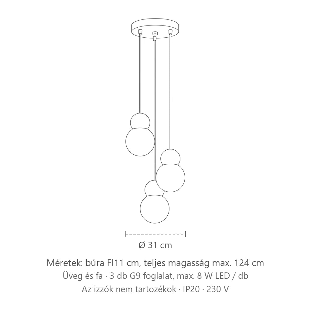 Csoportos 3 matt üveggömbös és fa függőlámpa méretei: búra FI11 cm, teljes magasság max. 124 cm
