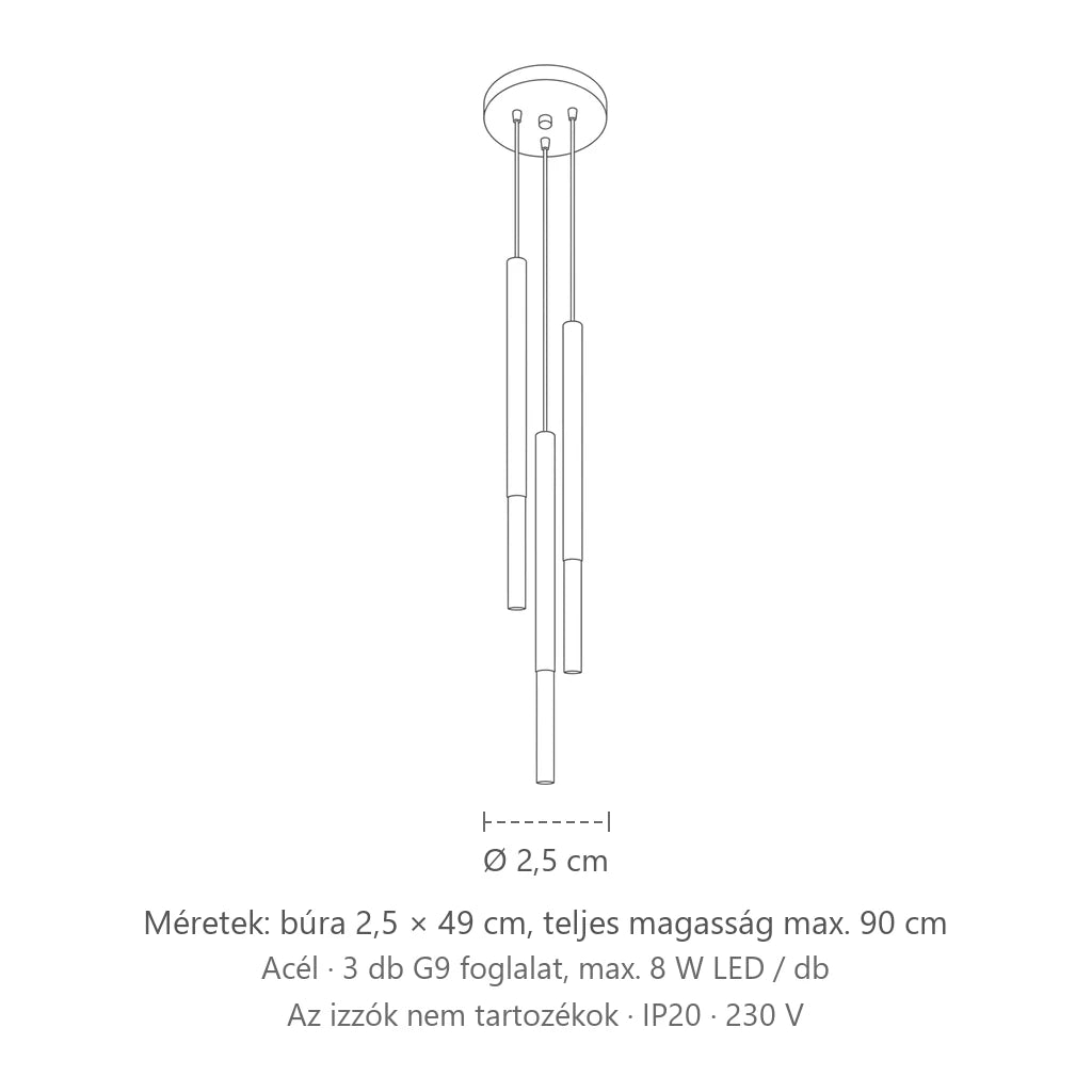 Csoportos 3 vékony fekete csöves függőlámpa fém véggel méretei: búra 2,5 × 49 cm, teljes magasság max. 90 cm