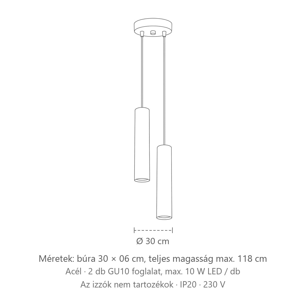 Csoportos acél cső függőlámpa méretei (2 izzós): búra 30 × 06 cm, teljes magasság max. 118 cm