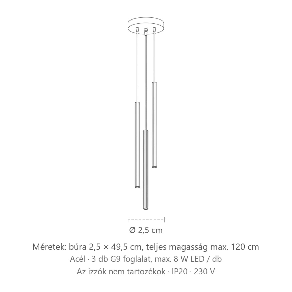 Csoportos bordázott vékony cső függőlámpa méretei (3 izzós): búra 2,5 × 49,5 cm, teljes magasság max. 120 cm