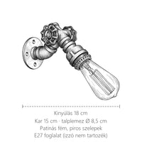 Csőszelepes ipari fali lámpa méretei: kinyúlás 18 cm