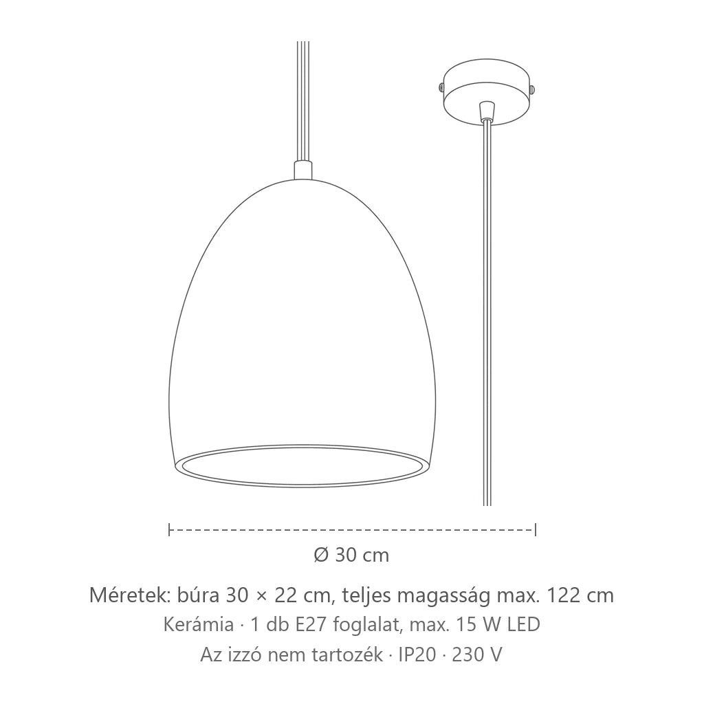 Csúcsíves fehér kerámia függőlámpa méretei: búra 30 × 22 cm, teljes magasság max. 122 cm