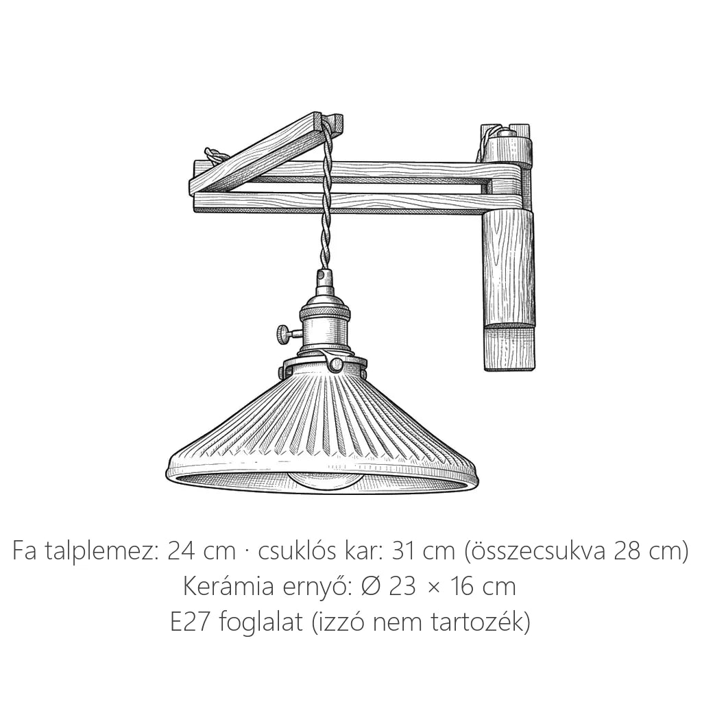 A csuklós fa karos kerámia fali lámpa méretei: kar 31 cm, ernyő Ø 23 cm