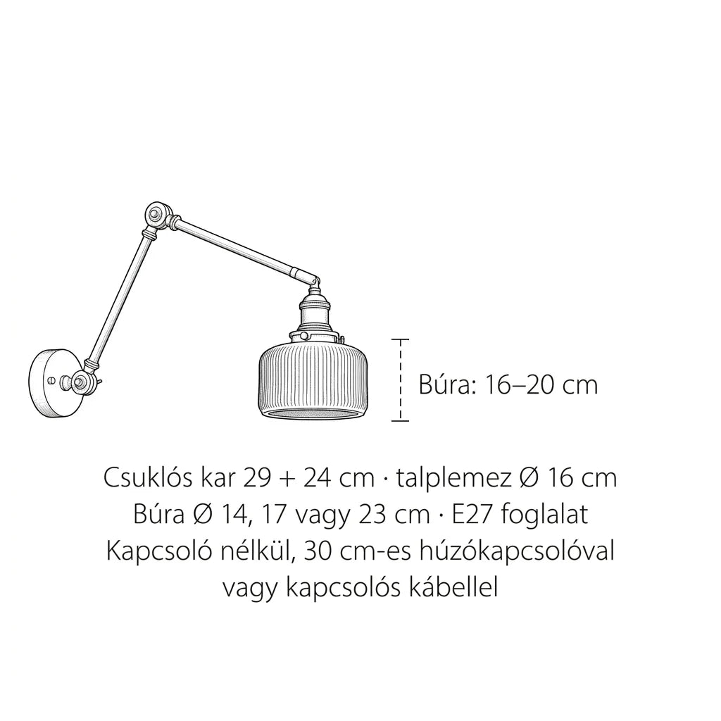 A csuklós karú fali lámpa méretei: kar 29 + 24 cm, búra Ø 14, 17 vagy 23 cm