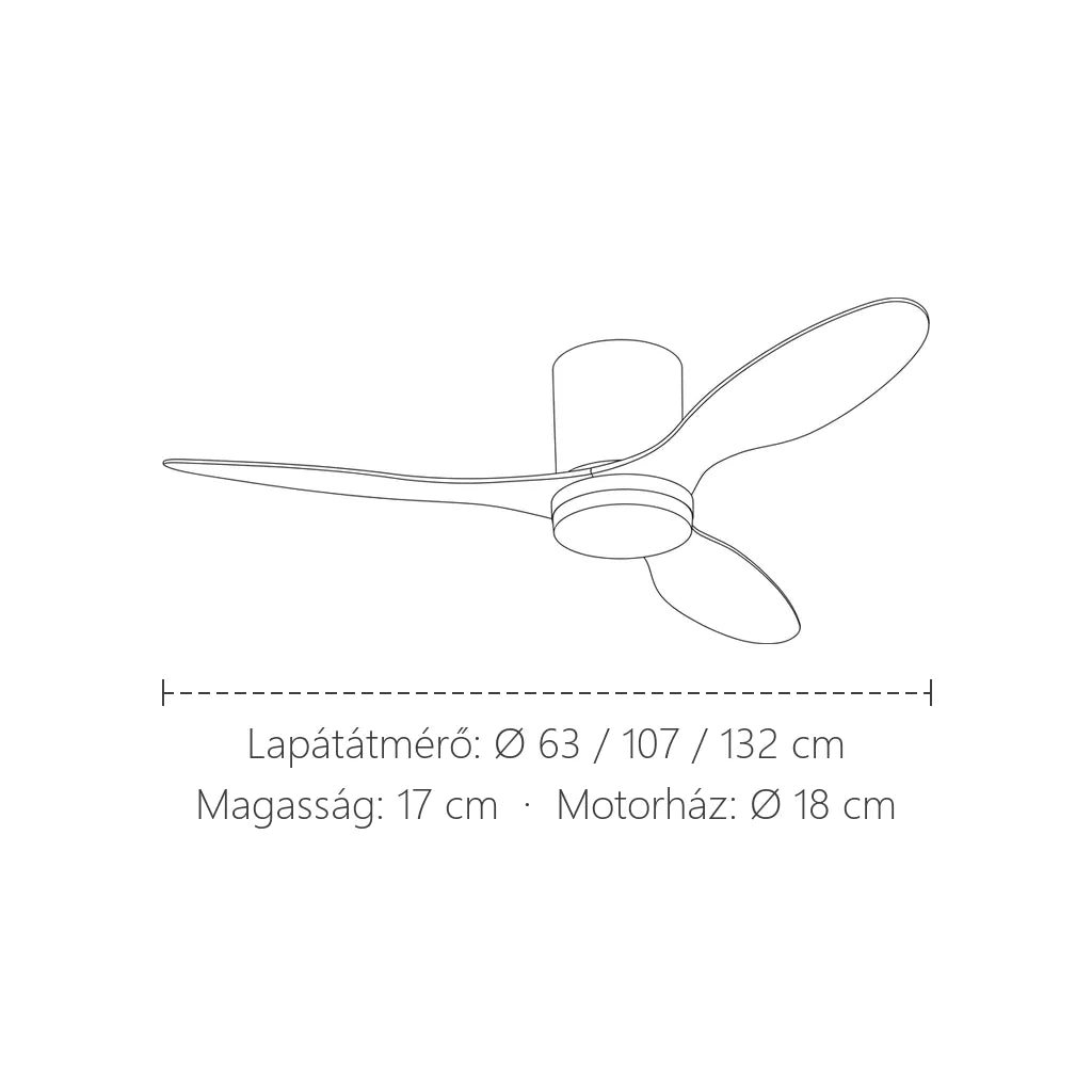 DC mennyezeti ventilátor méretei: Ø 63, 107 és 132 cm, 17 cm magas