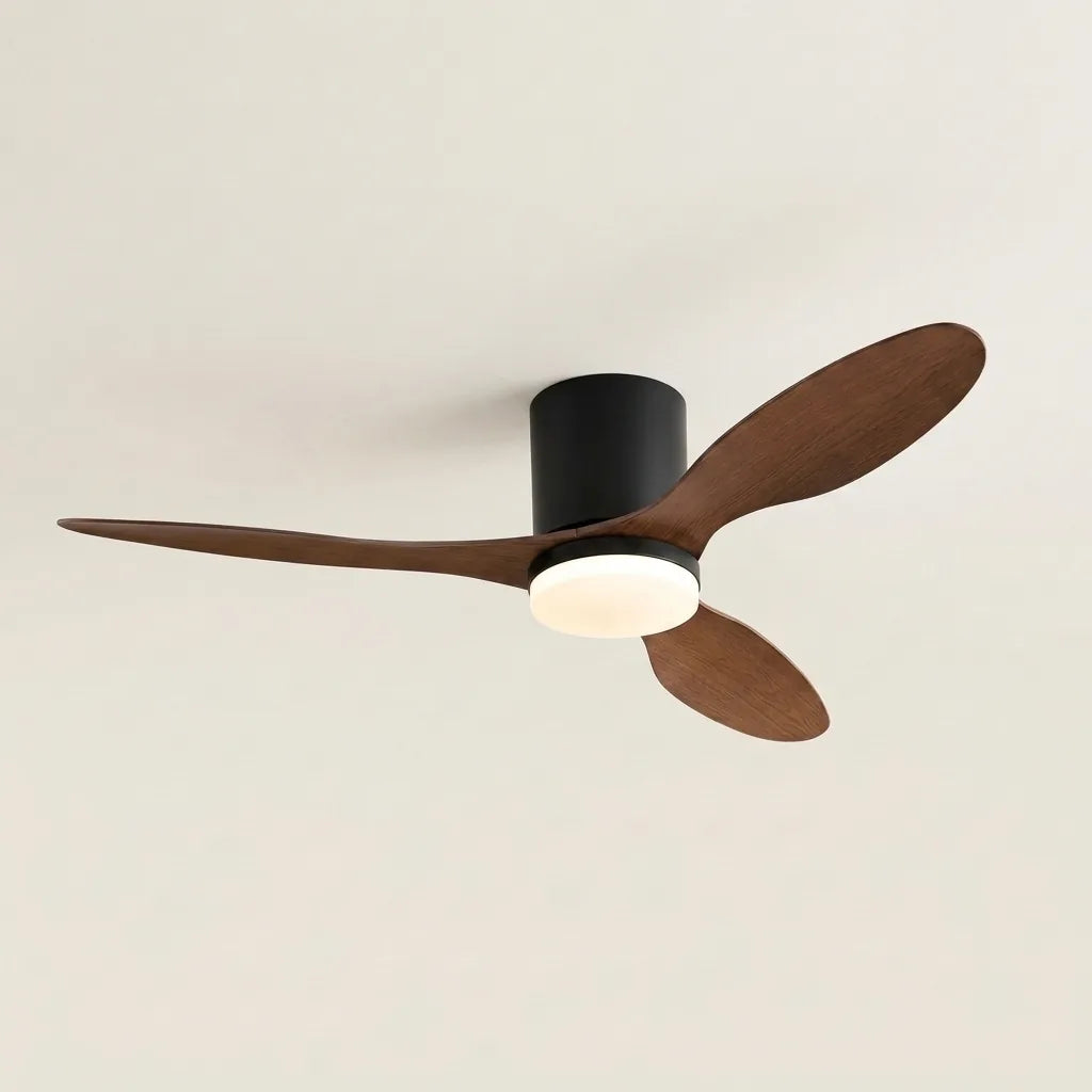 DC mennyezeti ventilátor lámpával fekete motorházzal és dió lapátokkal