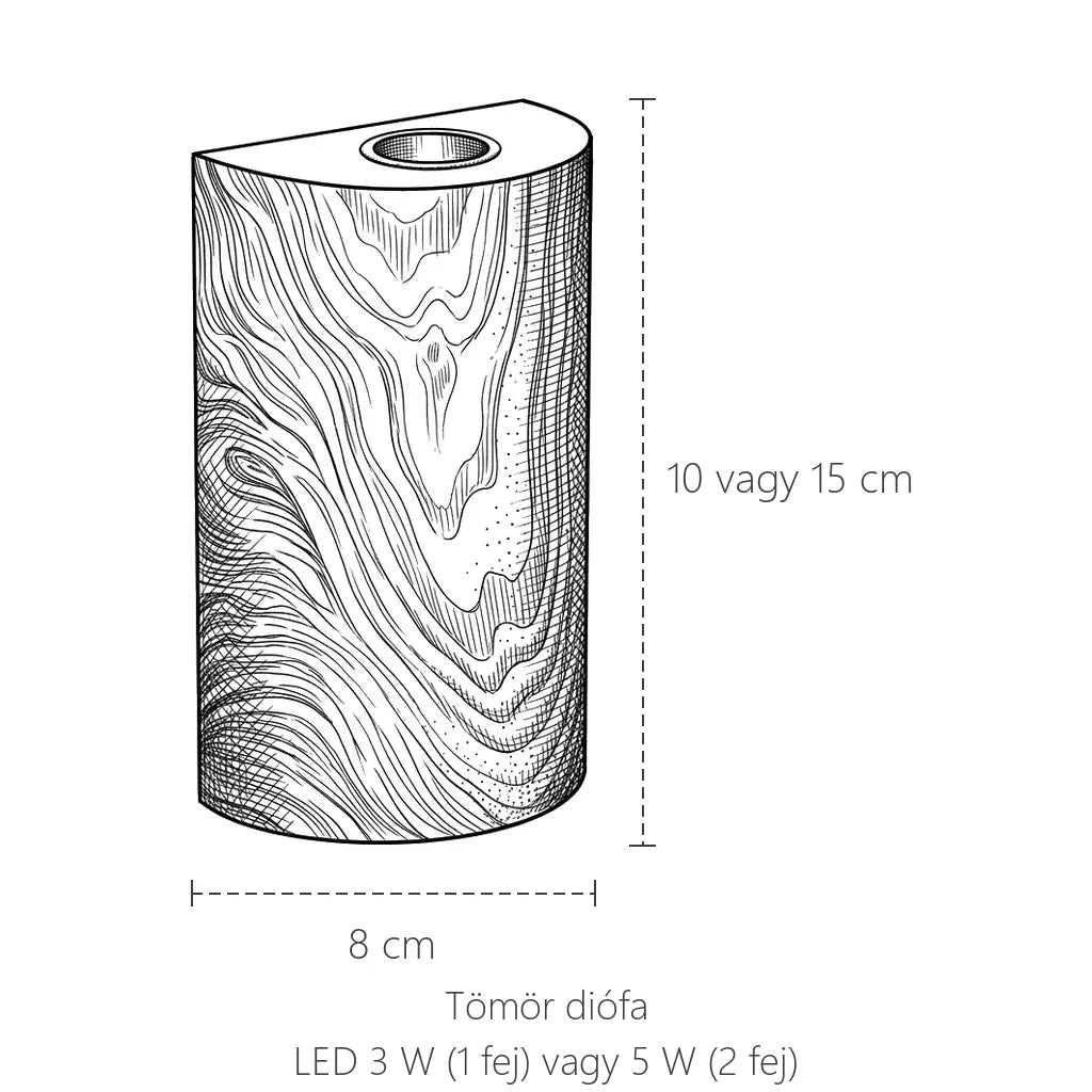 A diófa félhenger LED fali lámpa méretei: magasság 10 vagy 15 cm, szélesség 8 cm