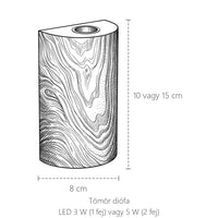 A diófa félhenger LED fali lámpa méretei: magasság 10 vagy 15 cm, szélesség 8 cm