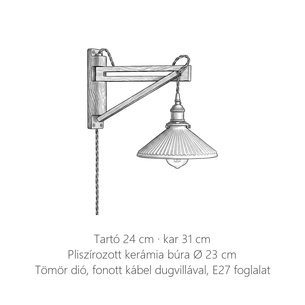 Dió konzolos fali lámpa méretei: tartó 24 cm, kar 31 cm, búra Ø 23 cm