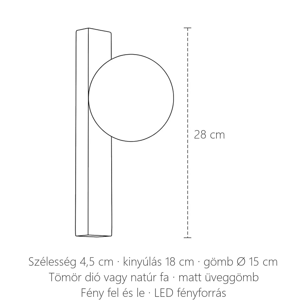 Diófa léc fali lámpa méretei: 28 cm magas, üveggömb Ø 15 cm, kinyúlás 18 cm