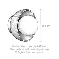 A diószínű fa tál fali lámpa méretei: Ø 16 cm, kinyúlás 14 cm