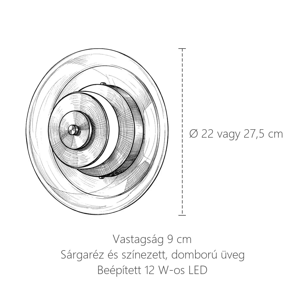 Domború üvegkorong LED fali lámpa méretei: Ø 22 vagy 27,5 cm