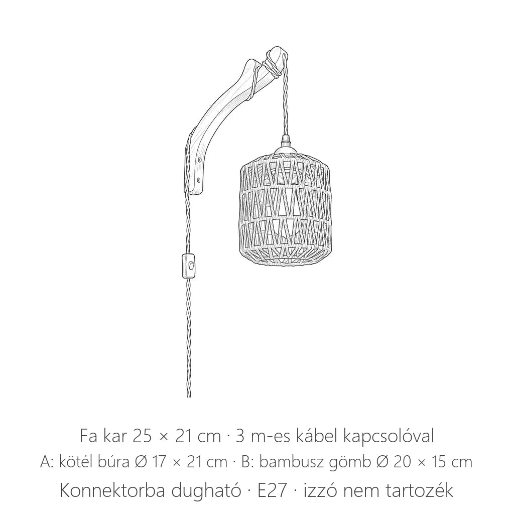 Dugaszolható fa karos fali lámpa méretei: kar 25 × 21 cm, búra Ø 17 × 21 cm