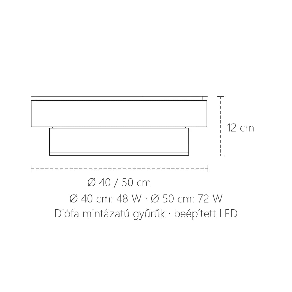 Diófa LED mennyezeti lámpa méretei: Ø 40 és 50 cm, 12 cm magas