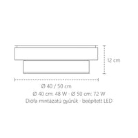 Diófa LED mennyezeti lámpa méretei: Ø 40 és 50 cm, 12 cm magas