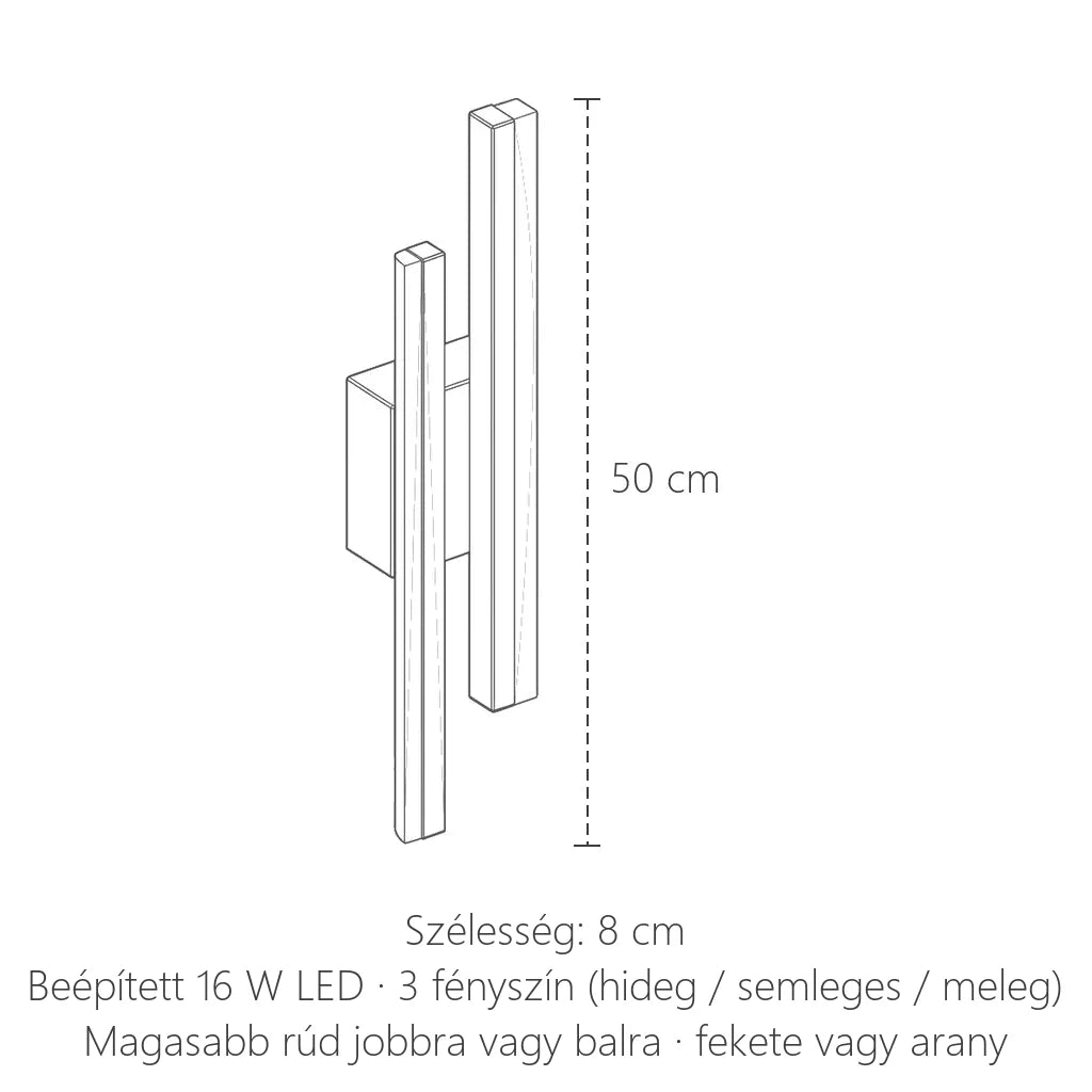 Dupla rudas LED fali lámpa méretei: 50 cm magas, 8 cm széles