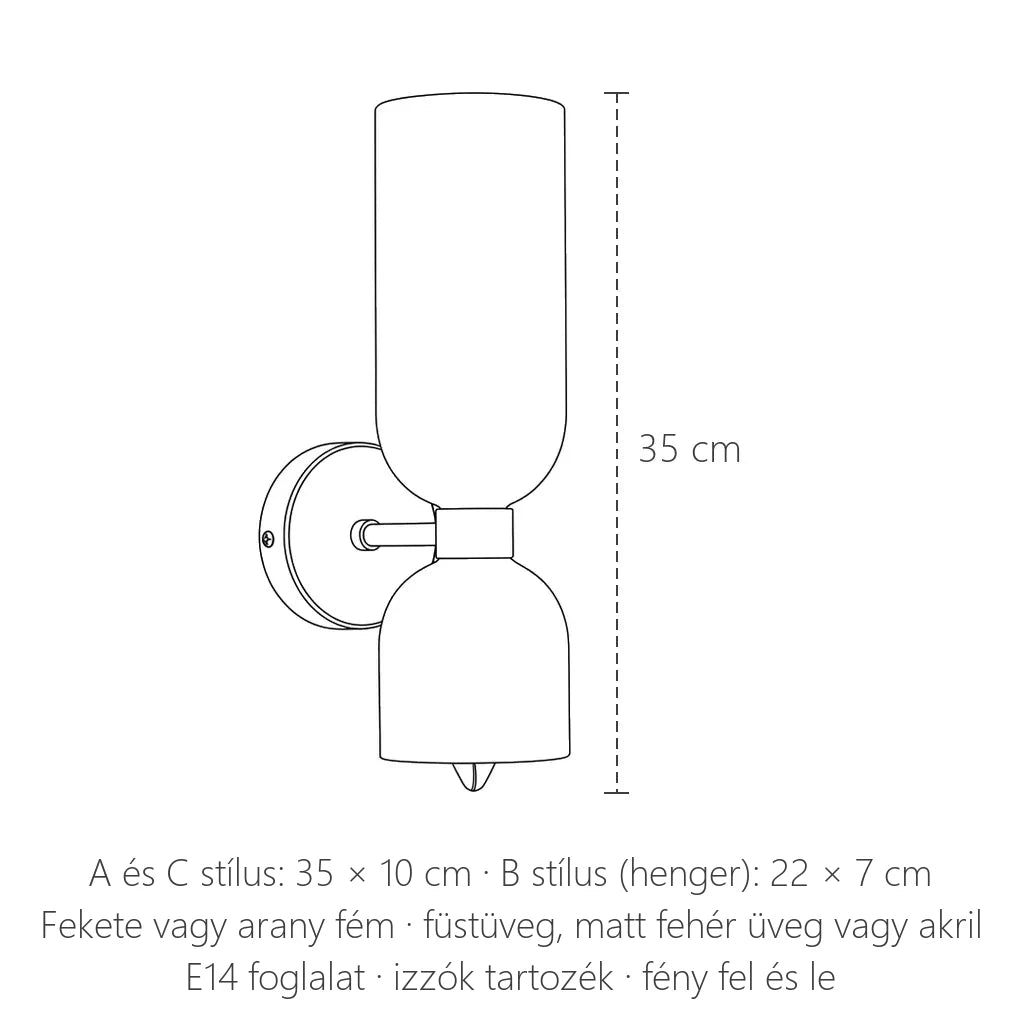 Dupla üvegburás fali lámpa méretei: 35 × 10 cm vagy 22 × 7 cm
