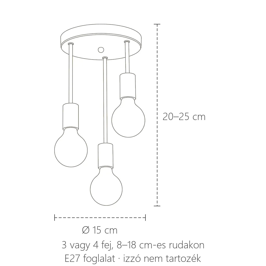 Edison lámpa méretei: Ø 15 cm, 20–25 cm magas
