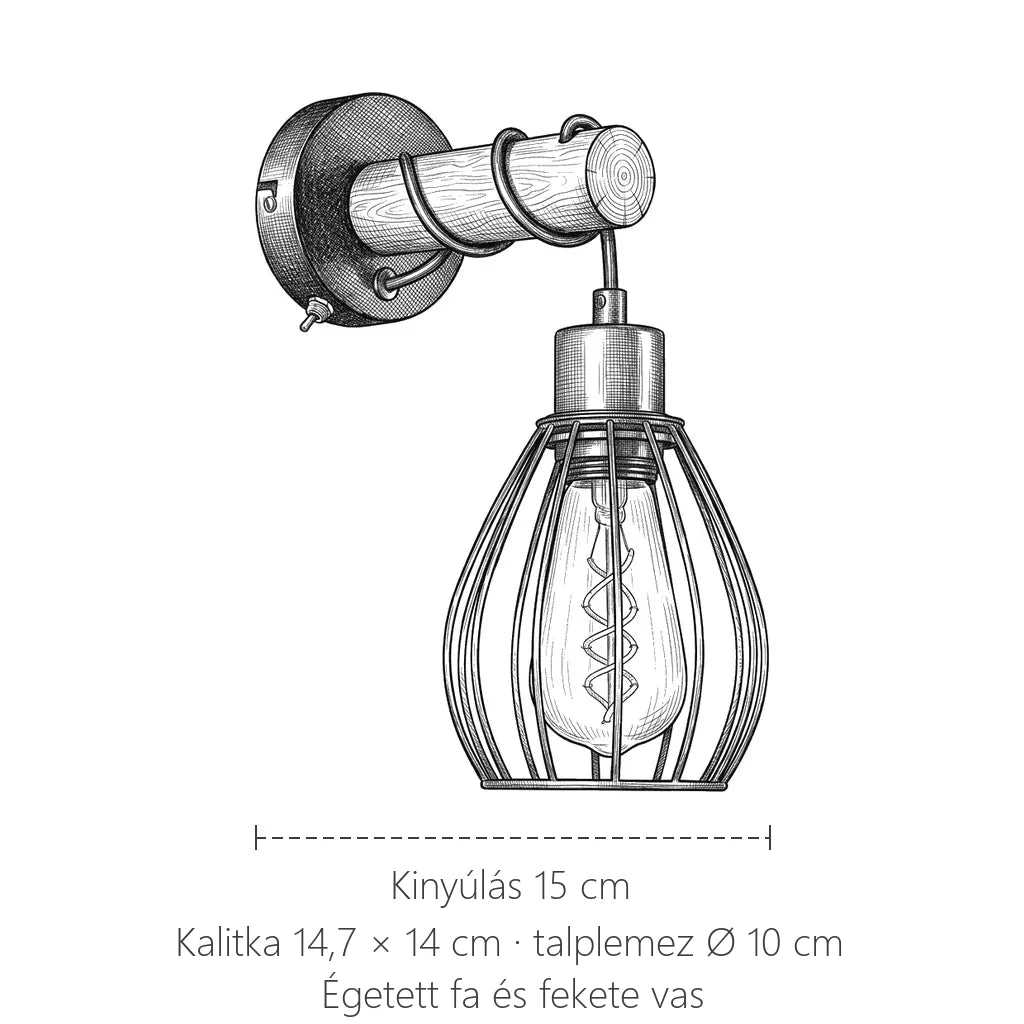Az égetett fa kalitkás fali lámpa méretei: kinyúlás 15 cm