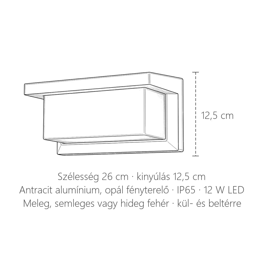 Ellenzős LED fali lámpa méretei: 26 cm széles, 12,5 cm magas és mély