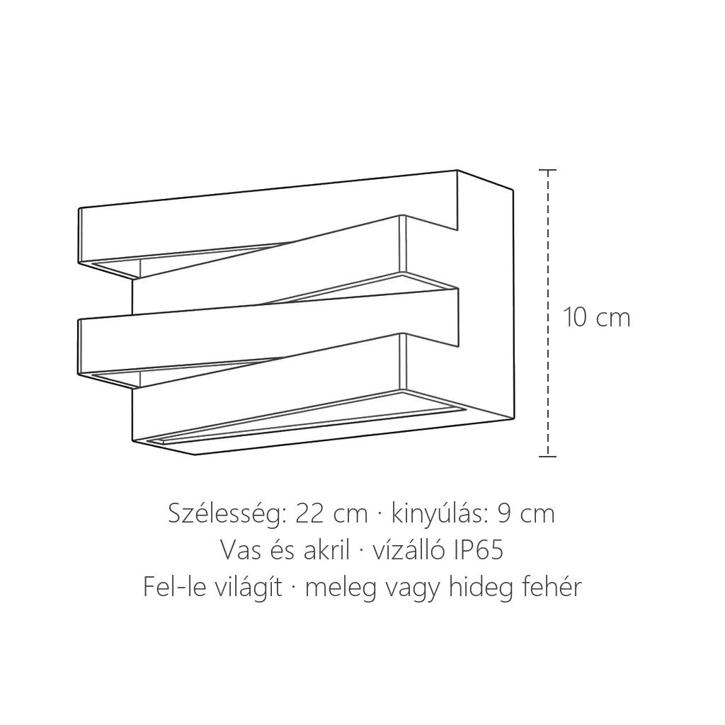 Eltolt lamellás kültéri LED fali lámpa méretei: 22 cm széles, 10 cm magas, kinyúlás 9 cm