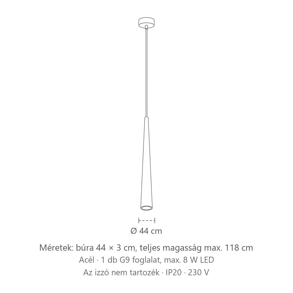 Elvékonyodó matt fekete orsó függőlámpa méretei: búra 44 × 3 cm, teljes magasság max. 118 cm