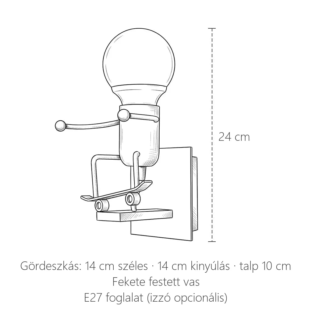 Gördeszkás emberke fali lámpa méretei: 24 cm magas