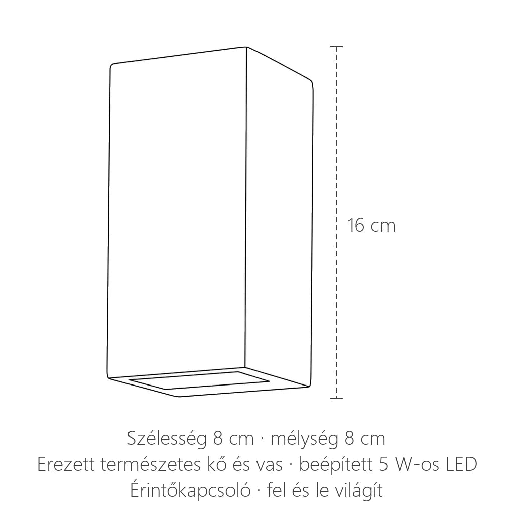 Erezett kő kocka LED fali lámpa méretei: 8 × 8 × 16 cm