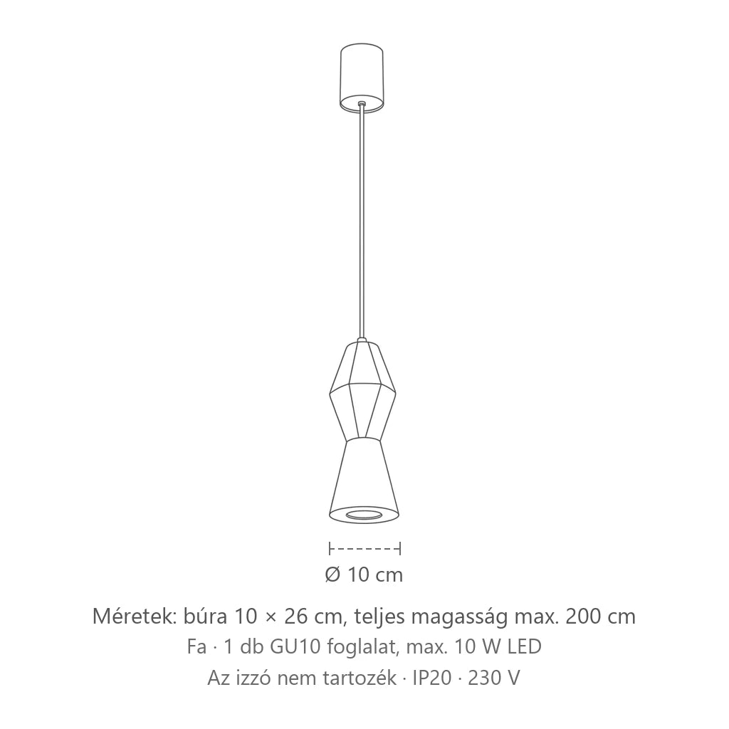 Esztergált fa függőlámpa méretei (Kerek – Ø 10 × 26 cm): búra 10 × 26 cm, teljes magasság max. 200 cm