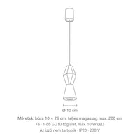 Esztergált fa függőlámpa méretei (Kerek – Ø 10 × 26 cm): búra 10 × 26 cm, teljes magasság max. 200 cm