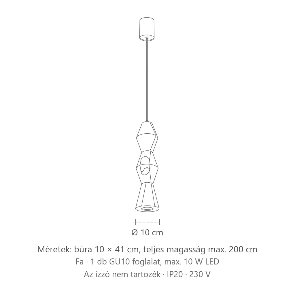 Esztergált fa függőlámpa méretei (Kerek – Ø 10 × 41 cm): búra 10 × 41 cm, teljes magasság max. 200 cm