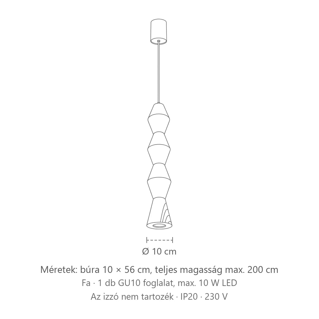 Esztergált fa függőlámpa méretei (Kerek – Ø 10 × 56 cm): búra 10 × 56 cm, teljes magasság max. 200 cm
