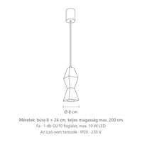 Esztergált fa függőlámpa méretei (Szögletes – 8 × 8 × 24 cm): búra 8 × 24 cm, teljes magasság max. 200 cm