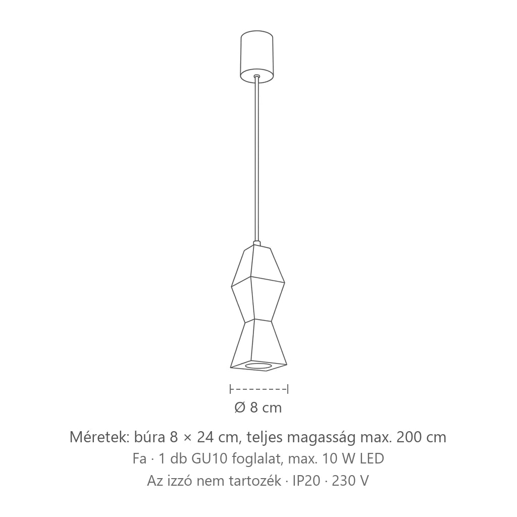 Esztergált fa függőlámpa méretei (Szögletes – 8 × 8 × 24 cm): búra 8 × 24 cm, teljes magasság max. 200 cm