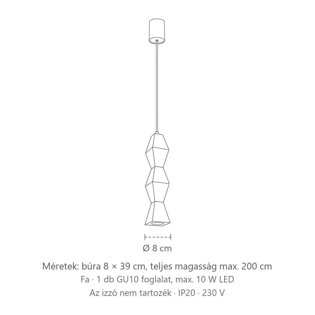 Esztergált fa függőlámpa méretei (Szögletes – 8 × 8 × 39 cm): búra 8 × 39 cm, teljes magasság max. 200 cm
