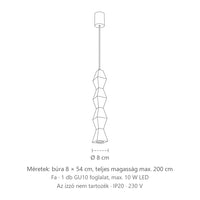 Esztergált fa függőlámpa méretei (Szögletes – 8 × 8 × 54 cm): búra 8 × 54 cm, teljes magasság max. 200 cm