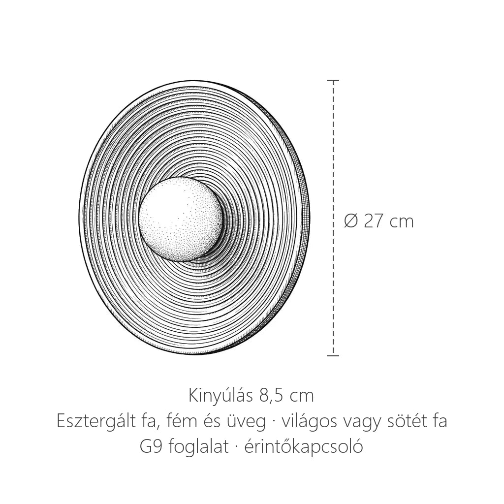 Az esztergált fa korong fali lámpa méretei: Ø 27 cm, kinyúlás 8,5 cm