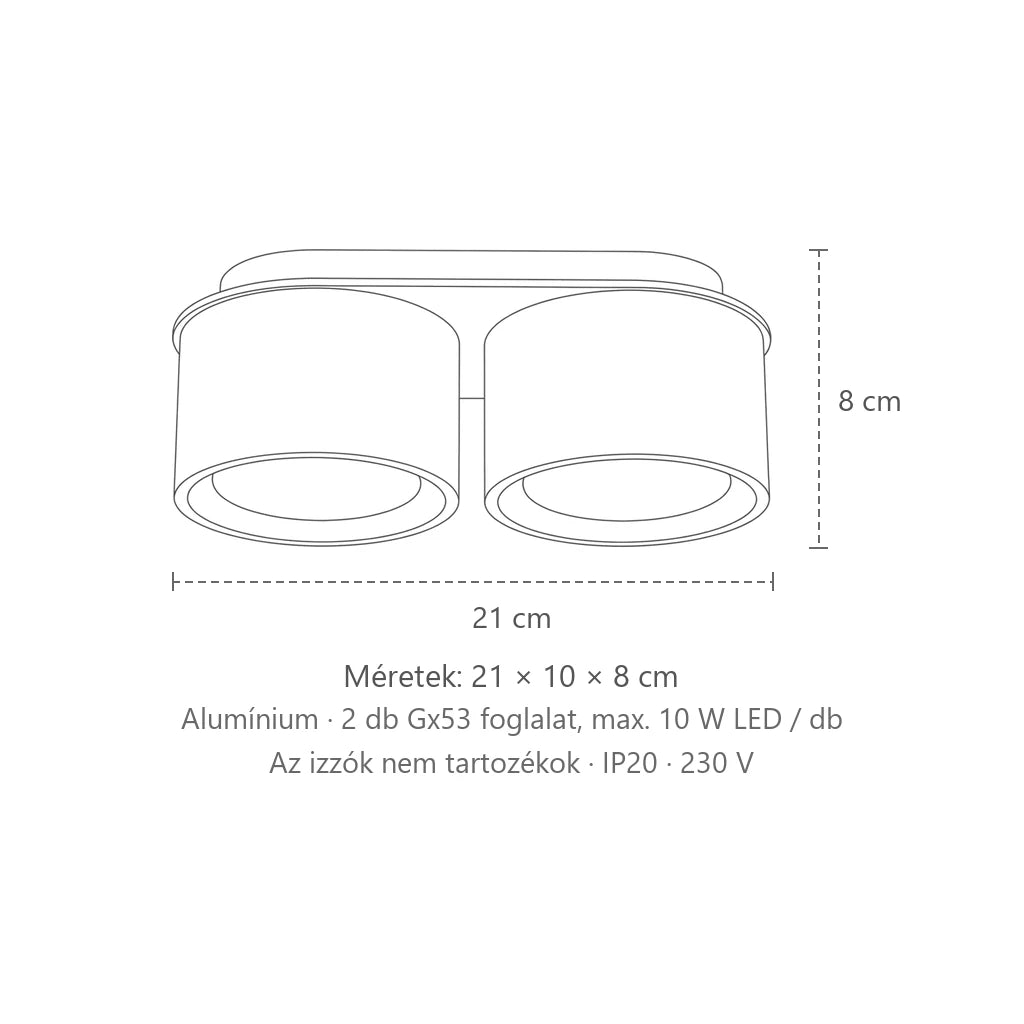 Extra lapos kerek alumínium mennyezeti lámpa méretei (2 izzós): 21 × 10 × 8 cm