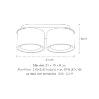 Extra lapos kerek alumínium mennyezeti lámpa méretei (2 izzós): 21 × 10 × 8 cm
