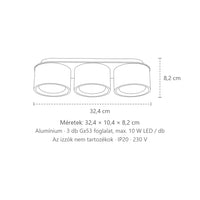 Extra lapos kerek alumínium mennyezeti lámpa méretei (3 izzós): 32,4 × 10,4 × 8,2 cm
