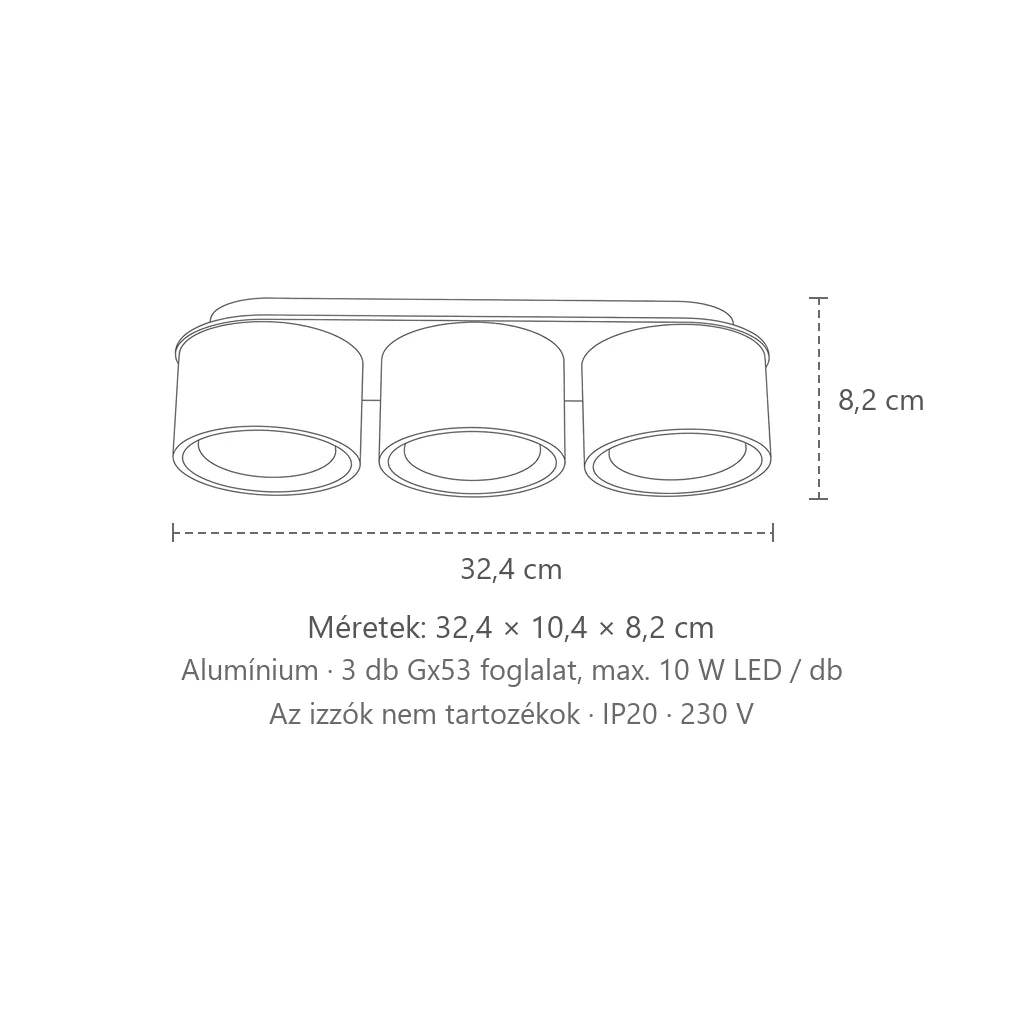 Extra lapos kerek alumínium mennyezeti lámpa méretei (3 izzós): 32,4 × 10,4 × 8,2 cm