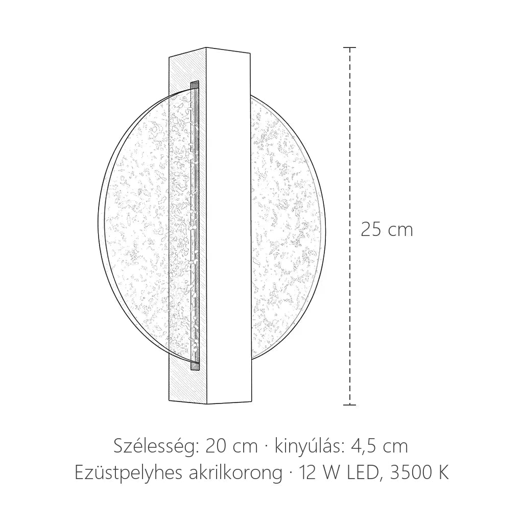 Ezüstpelyhes akrilkorong LED fali lámpa méretei: 25 cm magas, 20 cm széles