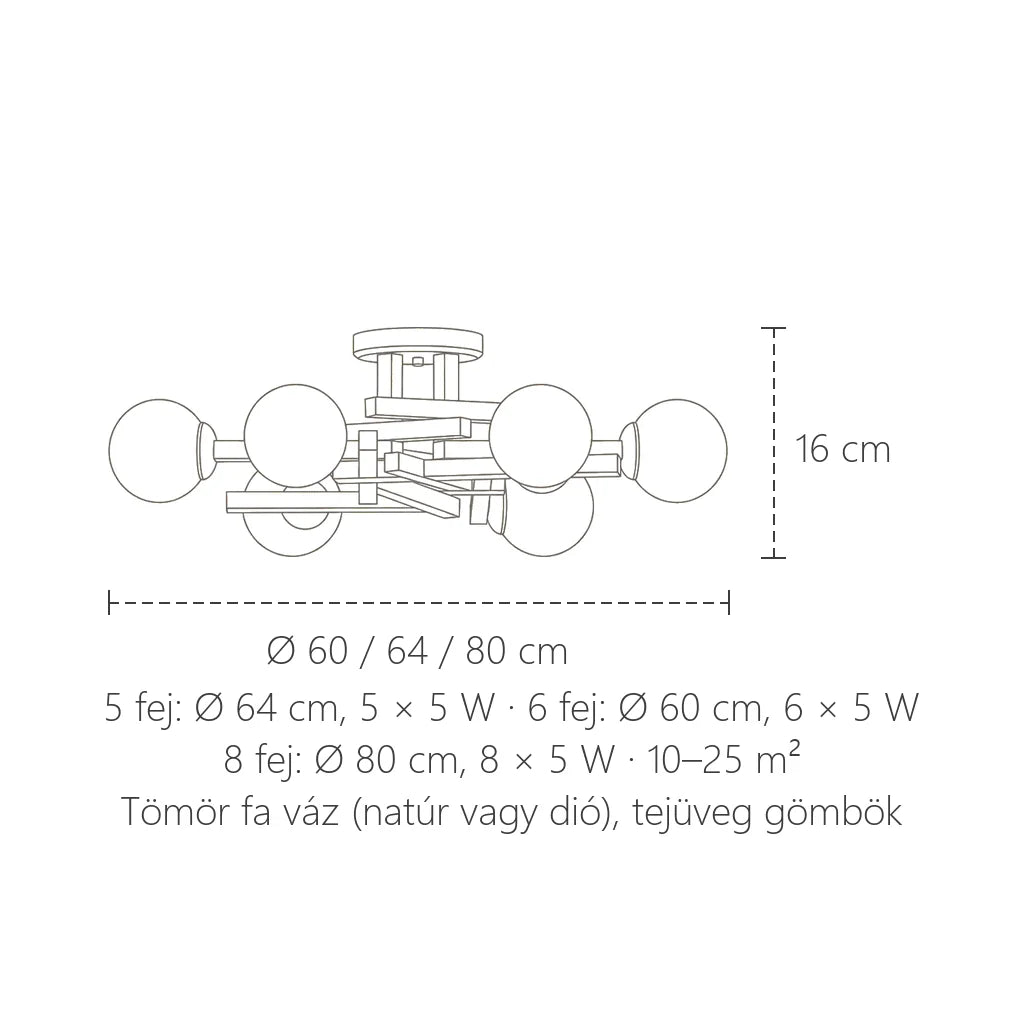 Fa gömbcsillár méretei: Ø 60–80 cm, 16 cm magas