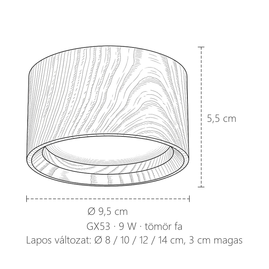 Fa GX53 downlight méretei: Ø 9,5 cm, 5,5 cm magas